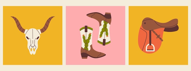 Vector set of western illustration Retro square posters with cowboy boots cow skull and saddle Wild west and Texas concept