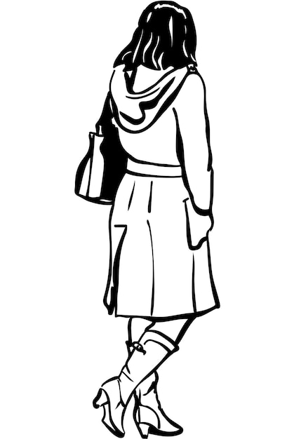 Vector vector sketch of a girl in a coat with a hood back to us