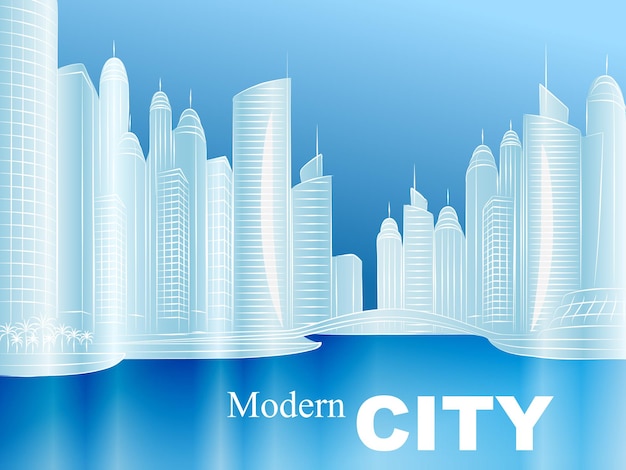 Vector sketch of a modern city with skyscrapers on the beach in a blue tone