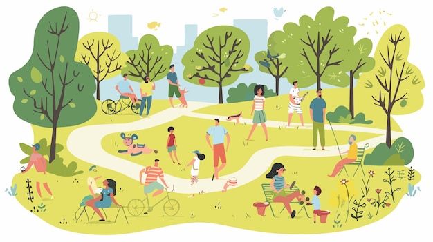 Vector vector summertime flat illustration with people in the park