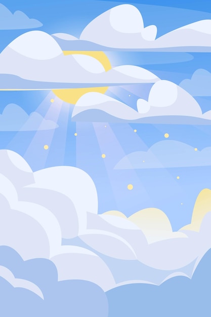 Vector vector sun in a light cloudy sky rays breaking through the clouds in cartoon style