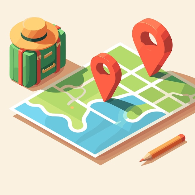 Vector vector travel map illustration with location icons and suitcases illustration