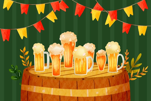 Vector vector watercolor international beer day with a green background with a barrel of beer