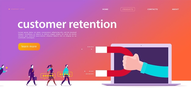 Vector web page concept design, customer retention theme. People give star rating positive feedback, human hand, magnet. Landing page mobile app site template. Business illustration. Inbound marketing