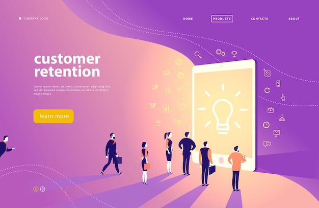 Vector web page concept design with customer retention theme  office people stand at big digital tablet screen Landing page mobile app site template Line art business icons Inbound marketing