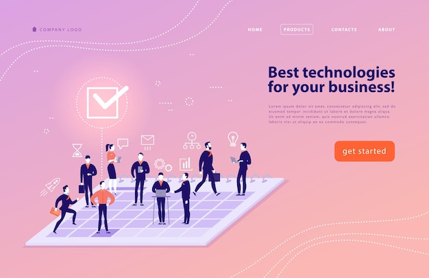 Vector web page design template for complex business solutions, project support, online consulting, modern technologies, time management, planning. Landing page. Mobile app. Flat concept illustration.