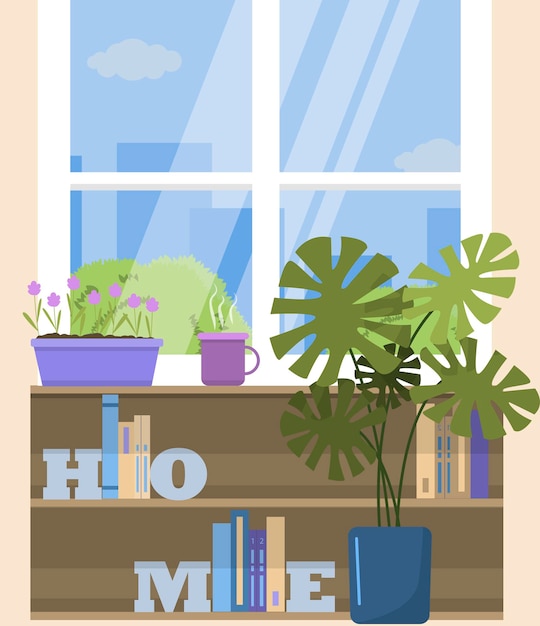 Vector vector window with a view of the city with a flower a cup of tea and with bookshelves