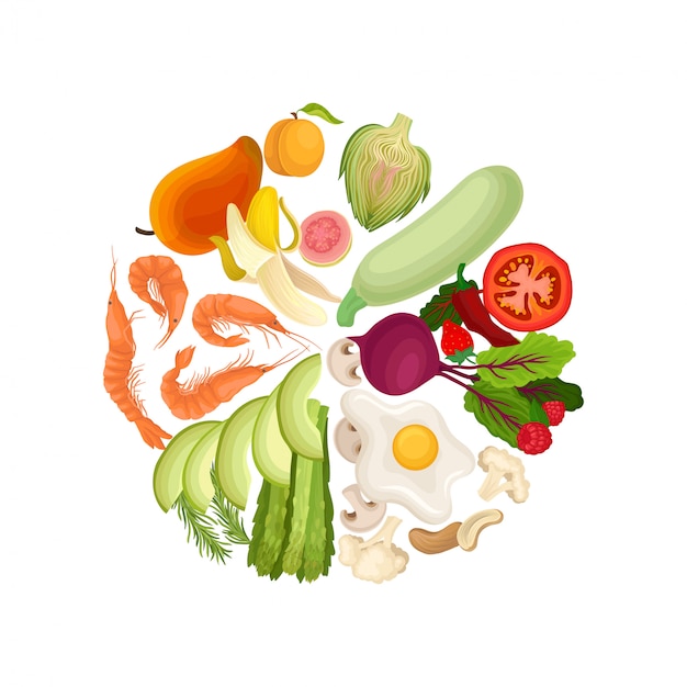 Vegetables, fruits, berries, boiled shrimps, fried eggs, nuts are lined in a circle in colors.