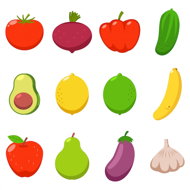 Vegetables and fruits vector cartoon set isolated .