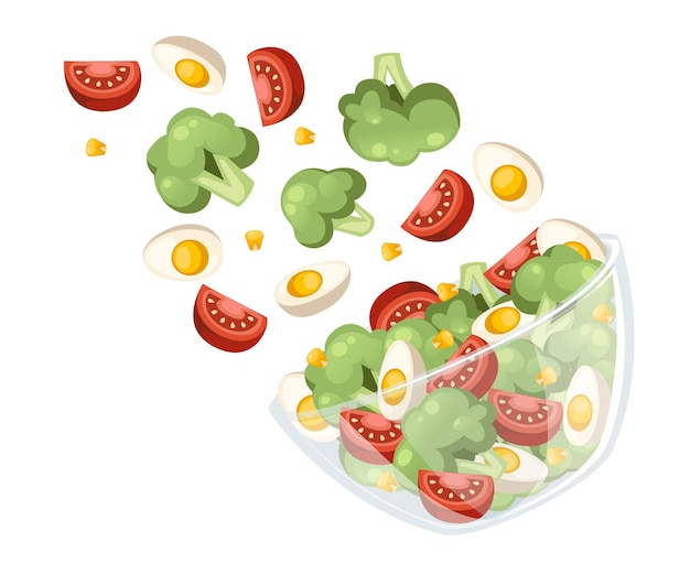 Vector vegetables salad recipe. salad fall to transparent bowl. fresh vegetables cartoon  design food. flat  illustration isolated on white background