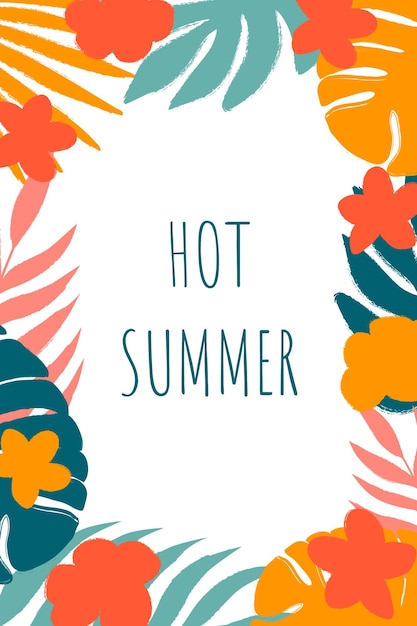 Vector vertical summer template with tropical grunge texture branches flowers and text in minimalist style