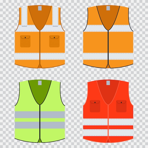 Vector vest safety vector flat set. construction jacket of orange, red and light green with reflective stripes. uniforms isolated