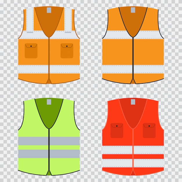 Vest safety vector flat set. Construction jacket of orange, red and light green with reflective stripes. Uniforms isolated 