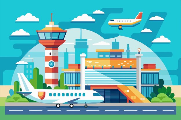 Vector a vibrant airport illustration featuring a control tower two airplanes and a modern terminal surrounded by trees under a clear sky