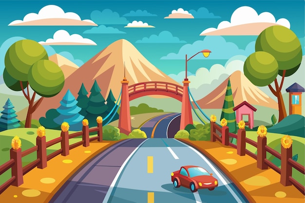 A vibrant cartoon landscape features a road with a red car driving under a charming bridge surrounded by mountains trees and a quaint house