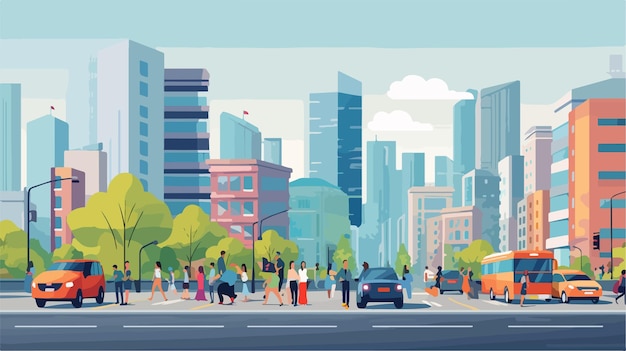 Vector vibrant cityscape with tall buildings and bustling traffic