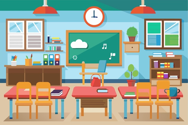 Vector a vibrant classroom setting is portrayed with desks shelves filled with books and a chalkboard creating an inviting atmosphere for learning