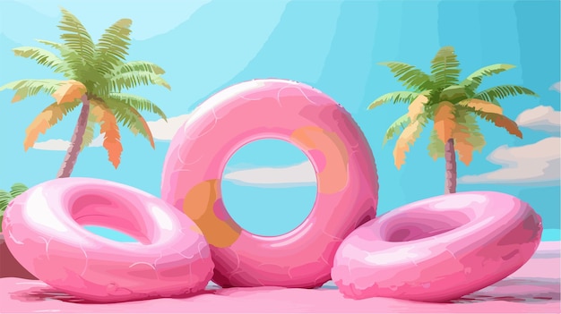 Vector vibrant colorful inflatable rings and balls on pink background