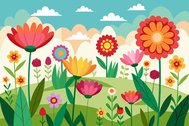 Vector vibrant flower garden with green foliage and blue sky