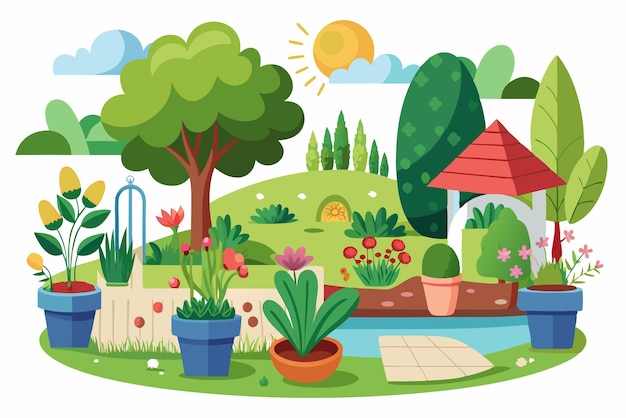 Vector a vibrant garden with potted plants and flowers under a sunny sky