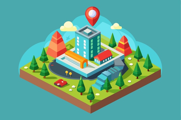 Vector a vibrant isometric illustration showcases a modern building surrounded by trees pathways and a location marker object for map design project or plan