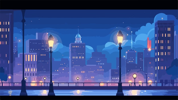 Vector vibrant night cityscape with street lamps and bokeh lights