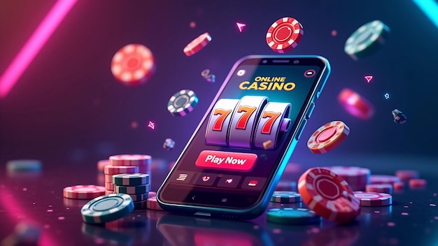 Vector vibrant online casino scene with smartphone chips dice