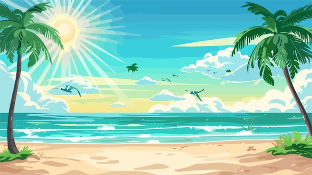 Vector vibrant summer beach paradise with clear blue skies and coconut trees