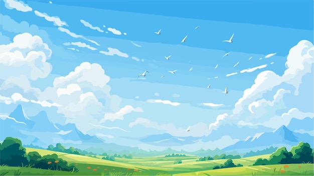 Vector vibrant summer cartoon sky scene with bright clouds