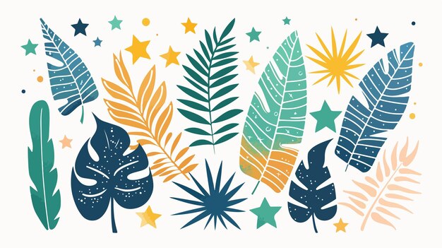 Vector vibrant summer tropical palm jungle exotic leaves with stars