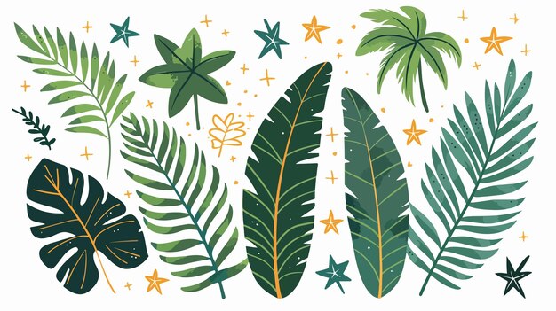 Vector vibrant summer tropical palm jungle exotic leaves with stars