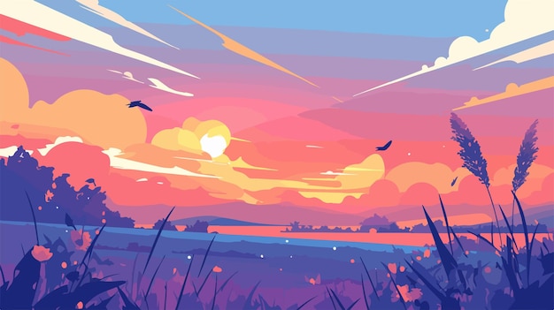 Vector vibrant sunset sky painting in orange and pink hues