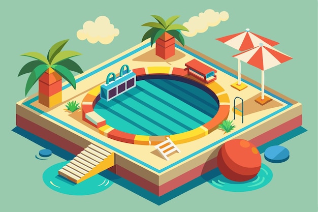 Vector a vibrant swimming pool area features palm trees beach umbrellas and playful elements like a large ball in the pool customizable flat illustration