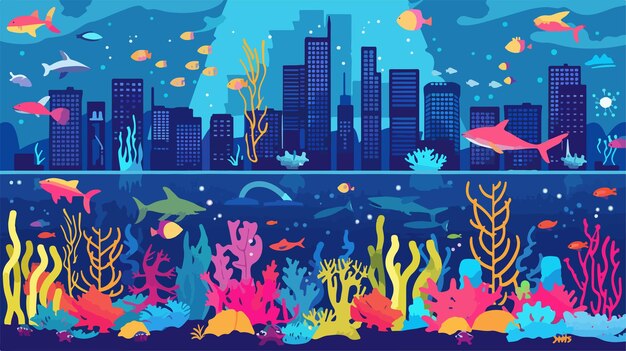 Vibrant Underwater Cityscape with Marine Life