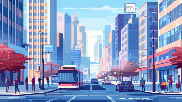 Vector vibrant urban lifestyle cityscape with modern buildings busy citizens and traffic in a big city