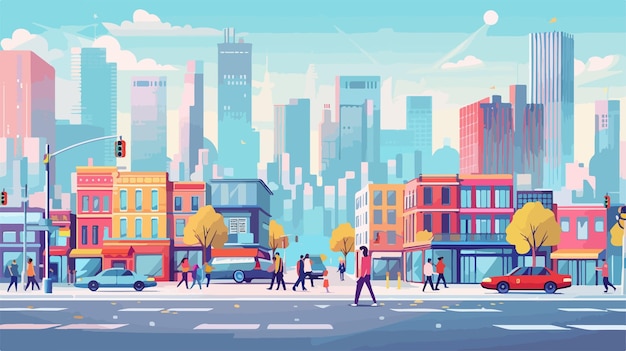 Vector vibrant urban lifestyle cityscape with modern buildings busy citizens and traffic in a big city