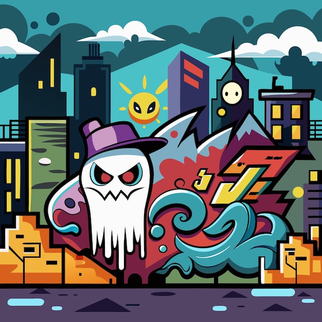 Vector vibrant urban skull art with bold colors and dynamic elements