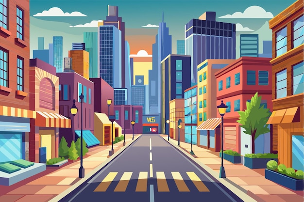 Vector a vibrant urban street features modern buildings under a stunning sunset showcasing an inviting atmosphere urban city street