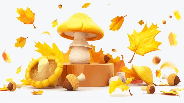 Vector vibrant yellow autumn 3d banner featuring acorns and mushrooms