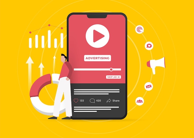 Vector video marketing illustration with smartphone and promotional content