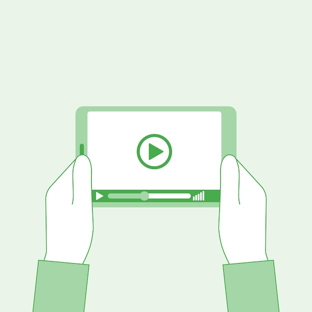 Vector video player on the tablet in mans hands marketing concept vector illustration flat minimal design mobile device