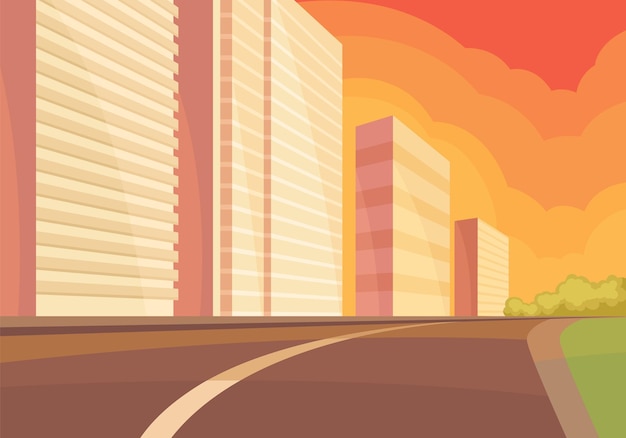 Vector view on city street at sunset with road highrise building and green bushes urban landscape flat