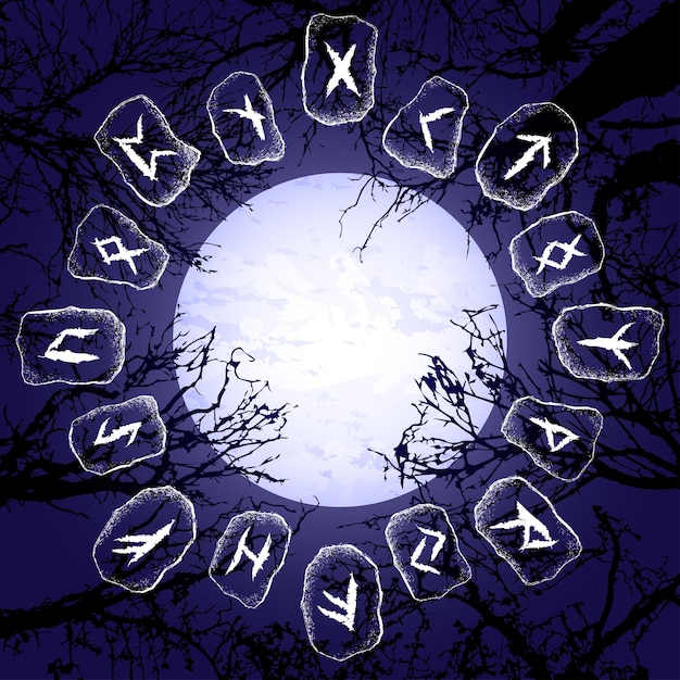 Viking runes night trees and moon