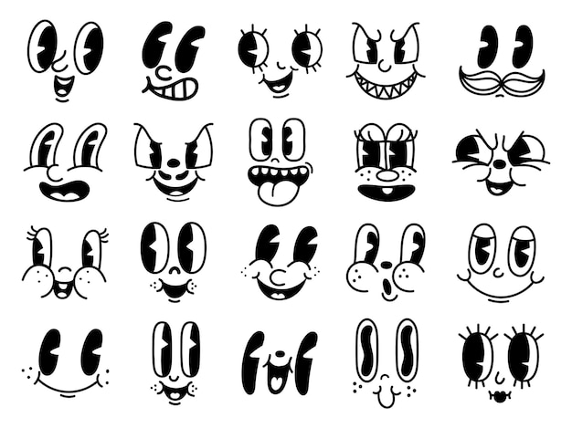 Vintage 50s cartoon and comic happy facial expressions. Old animation funny face caricatures. Retro quirky characters smile emoji vector set