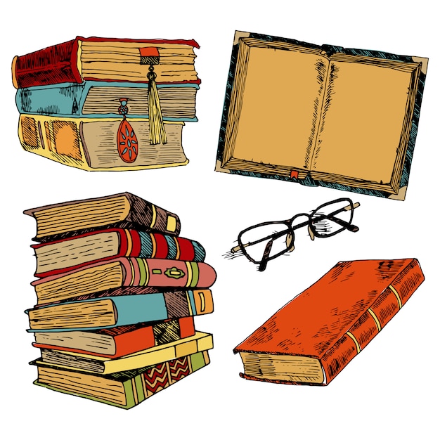 Vintage books stack sketch set with glasses isolated vector illustration