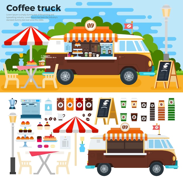 Vintage coffee truck on the street in the city with hot beverages car table beverages cups