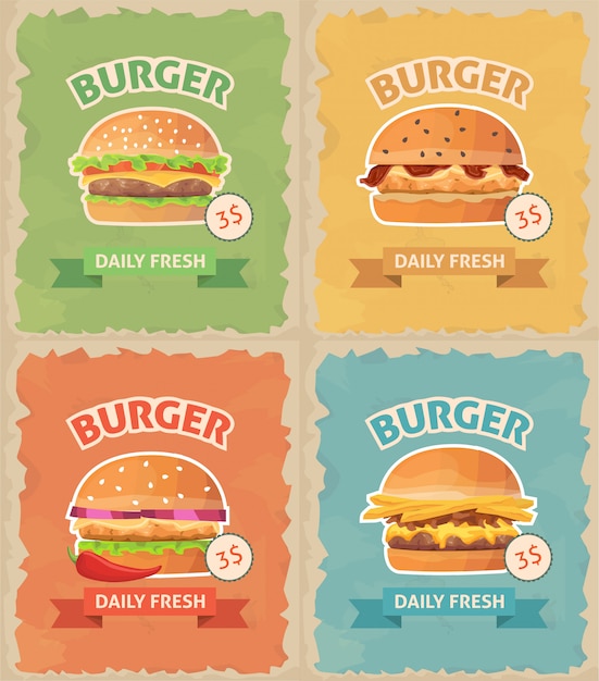 Vector vintage fast food burgers set