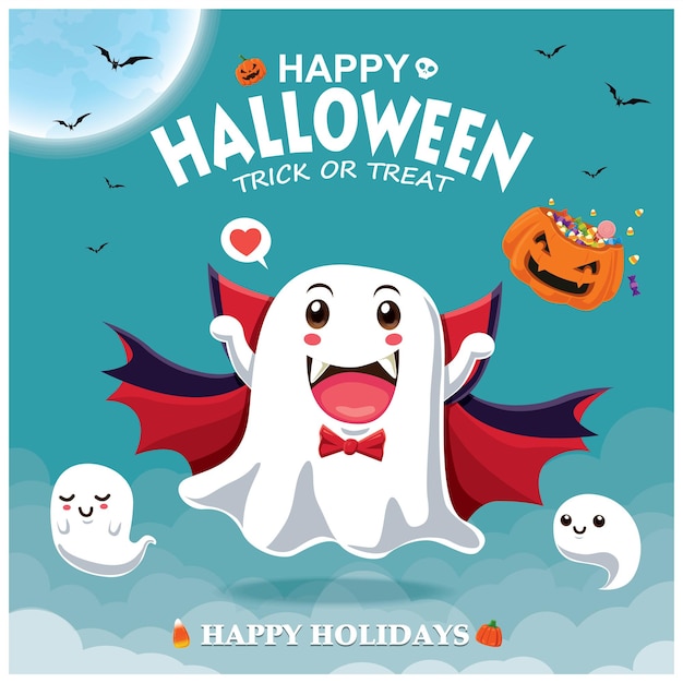 Vintage Halloween poster design with vector vampire ghost character