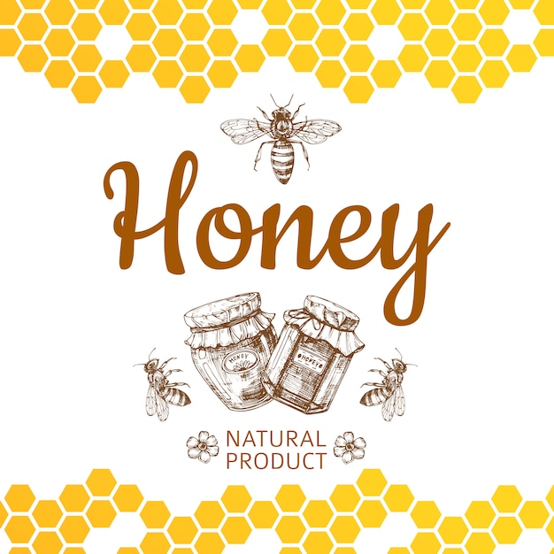 Vintage honey logo and background with  bee, honey jars and honeycombs