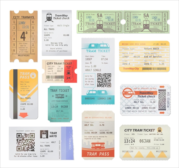 Vintage and modern tram tickets vector qr code